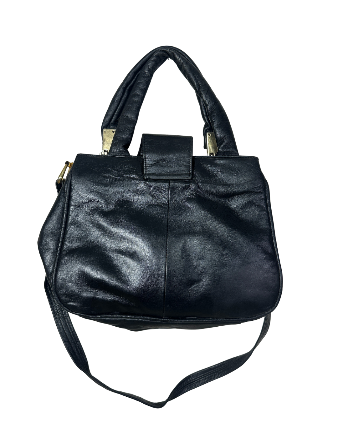 Vintage Black Genuine Leather Handbag with Dual Handles & Shoulder Strap