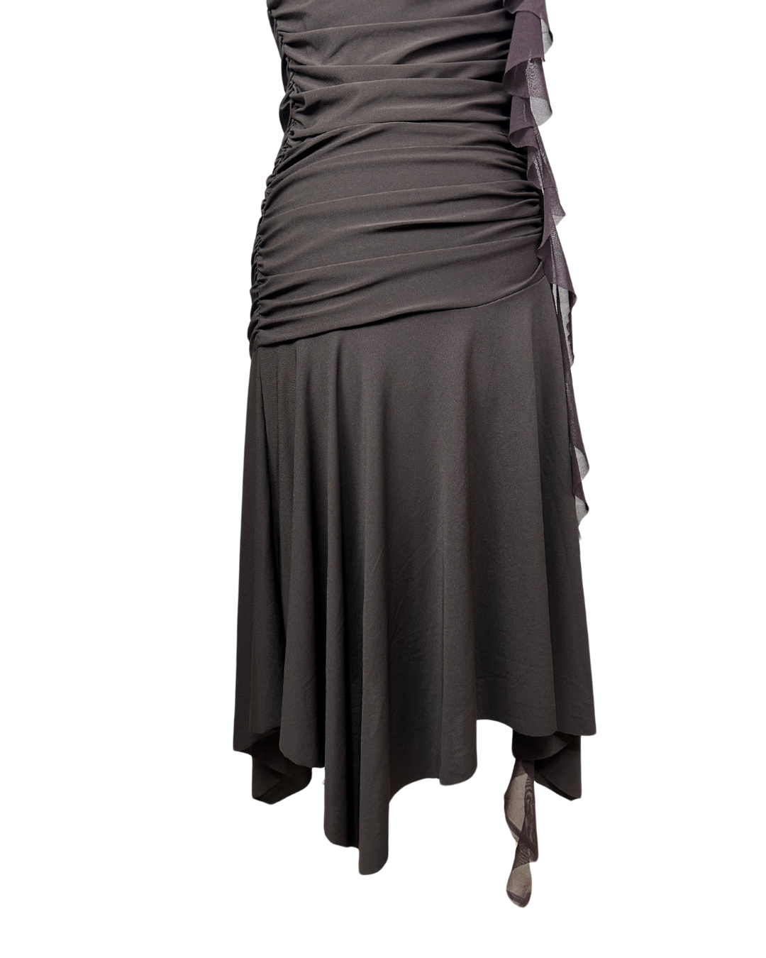 Ruched Brown Midi Dress with Sequin Trim & Ruffle Side Detail