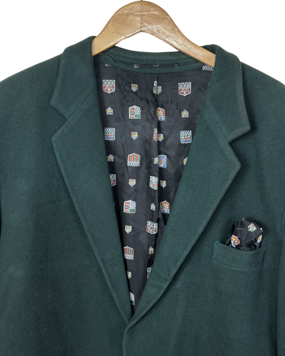Vintage Dark Green Blazer with Crest Print Lining Large