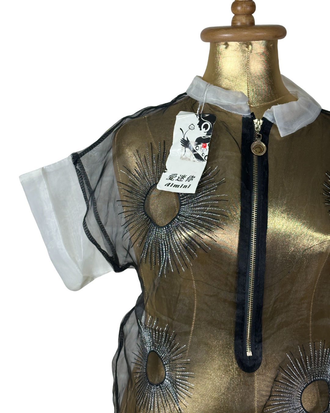 Avant-Garde Metallic Organza Embroidered Zip Top