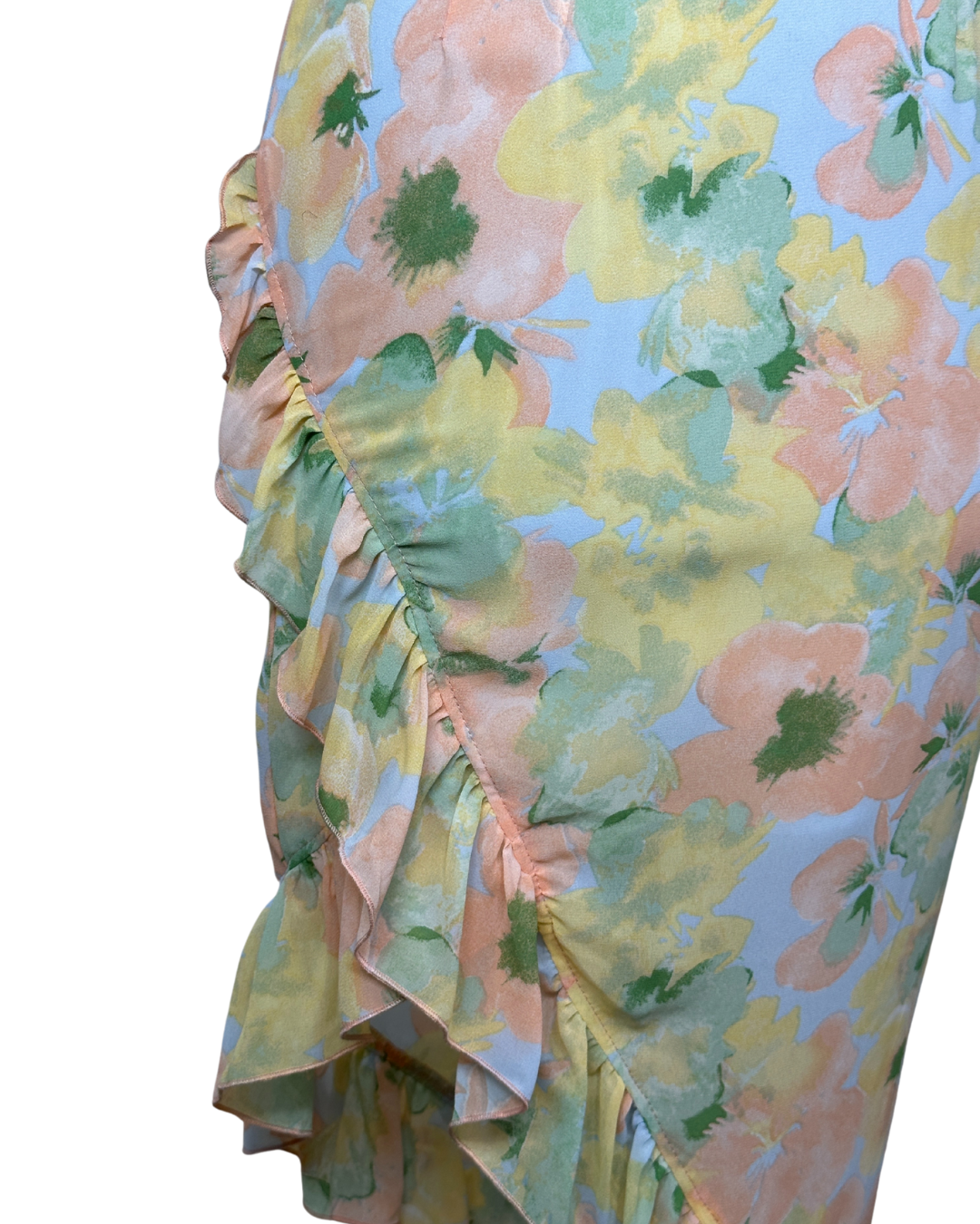 Floral Ruffle Asymmetrical Midi Dress – Pastel Slip Style