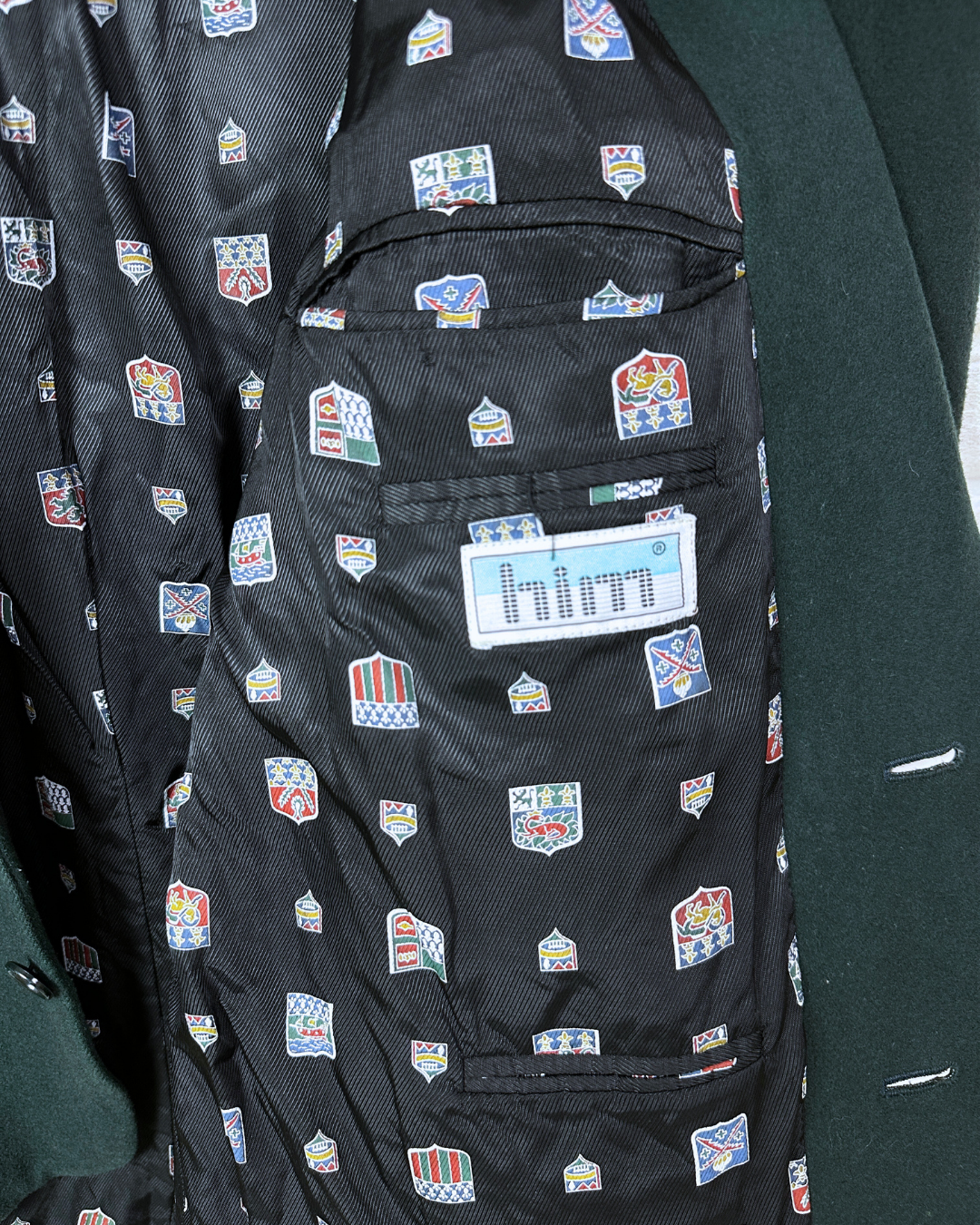 Vintage Dark Green Blazer with Crest Print Lining Large