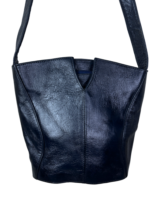 Vintage Navy Genuine Leather Bucket Bag