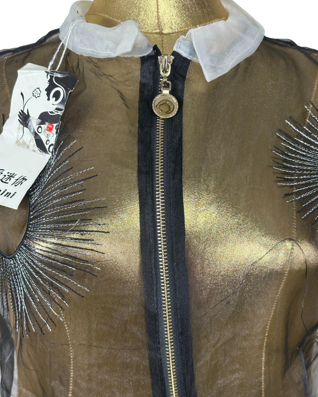Avant-Garde Metallic Organza Embroidered Zip Top