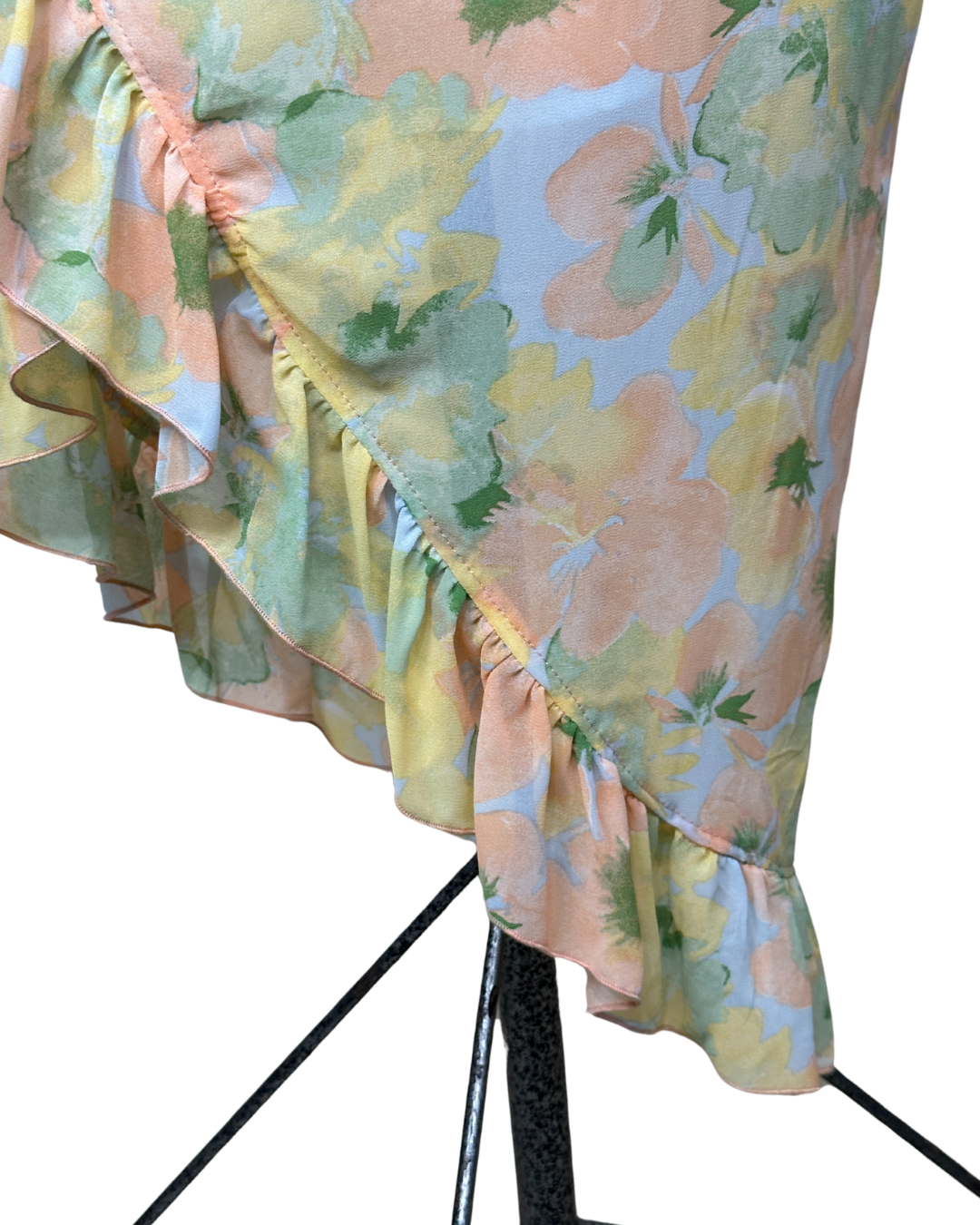 Floral Ruffle Asymmetrical Midi Dress – Pastel Slip Style