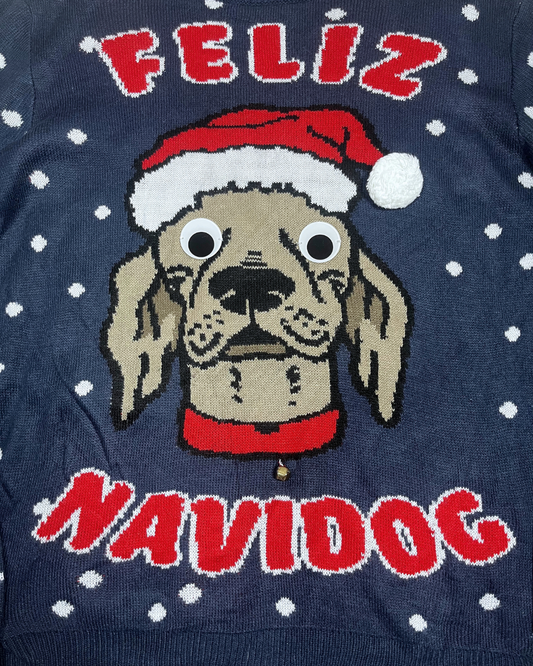 Feliz Navidog Christmas Sweater with a Jingle Bell