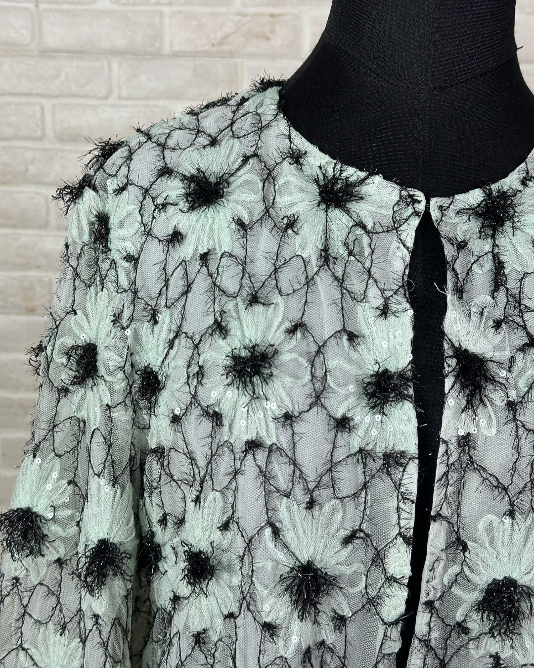 Mint Pastel Flower Appliqué Embroidered Open Front Top
