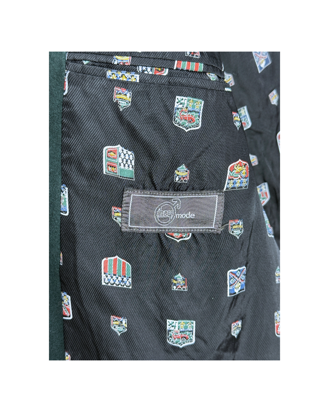 Vintage Dark Green Blazer with Crest Print Lining Large