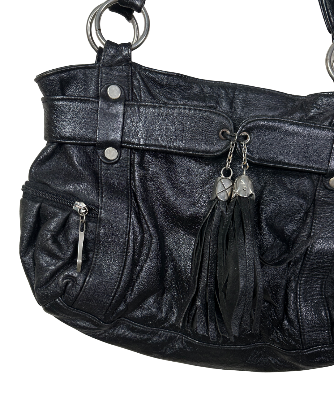 Vintage Y2K Leather Slouchy Shoulder Bag with Tassel Charm