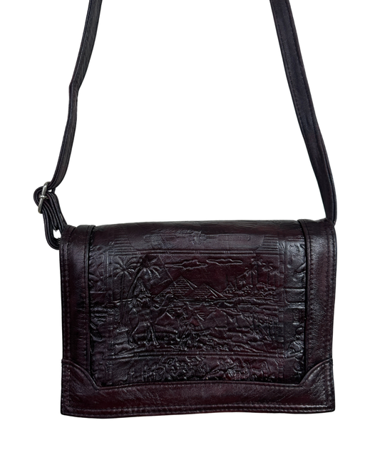 Vintage Embossed Egyptian Motif Burgundy Genuine Leather Crossbody Bag