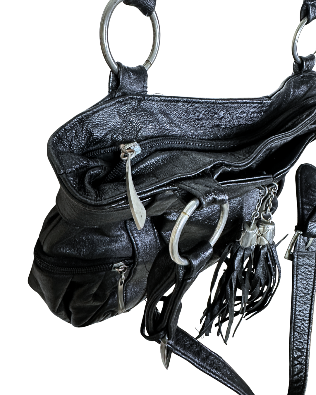 Vintage Y2K Leather Slouchy Shoulder Bag with Tassel Charm