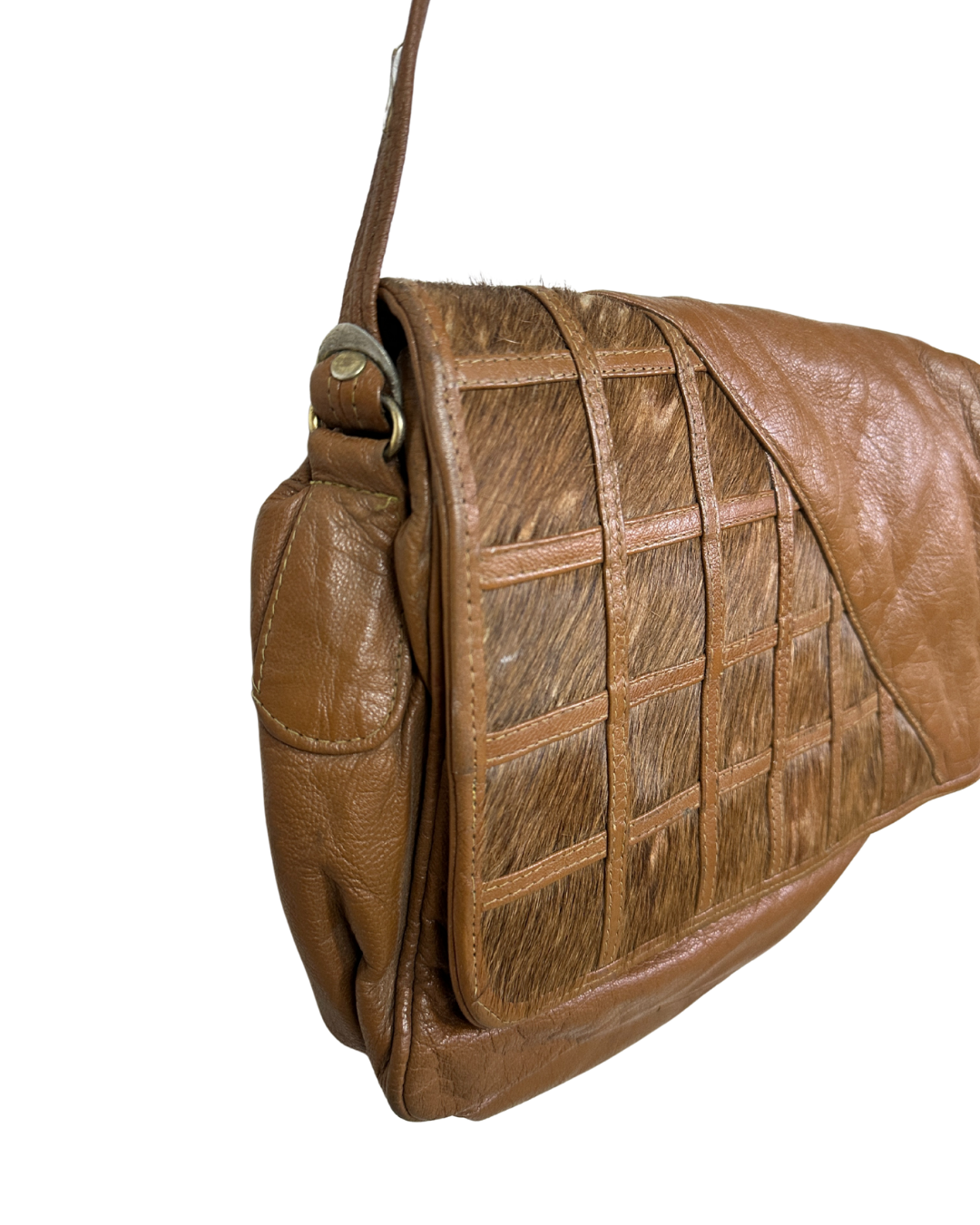 Vintage Tan Leather Messenger Crossbody Bag w/ Hair-On Cowhide Panel