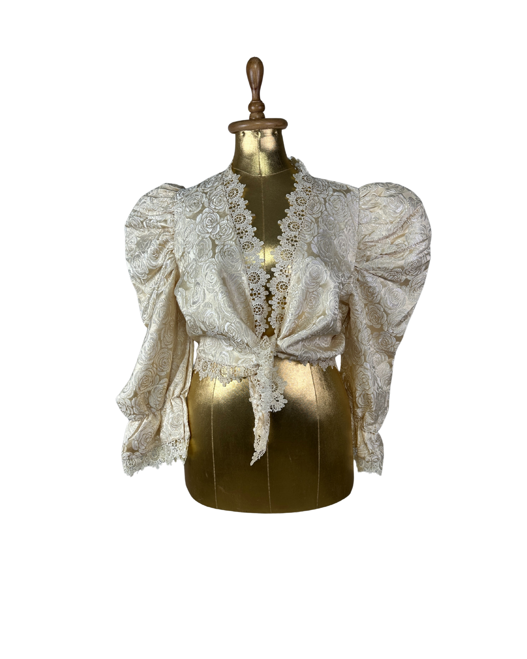 Vintage 80s Cream Brocade Puff-Sleeve Lace Front Tie Blouse