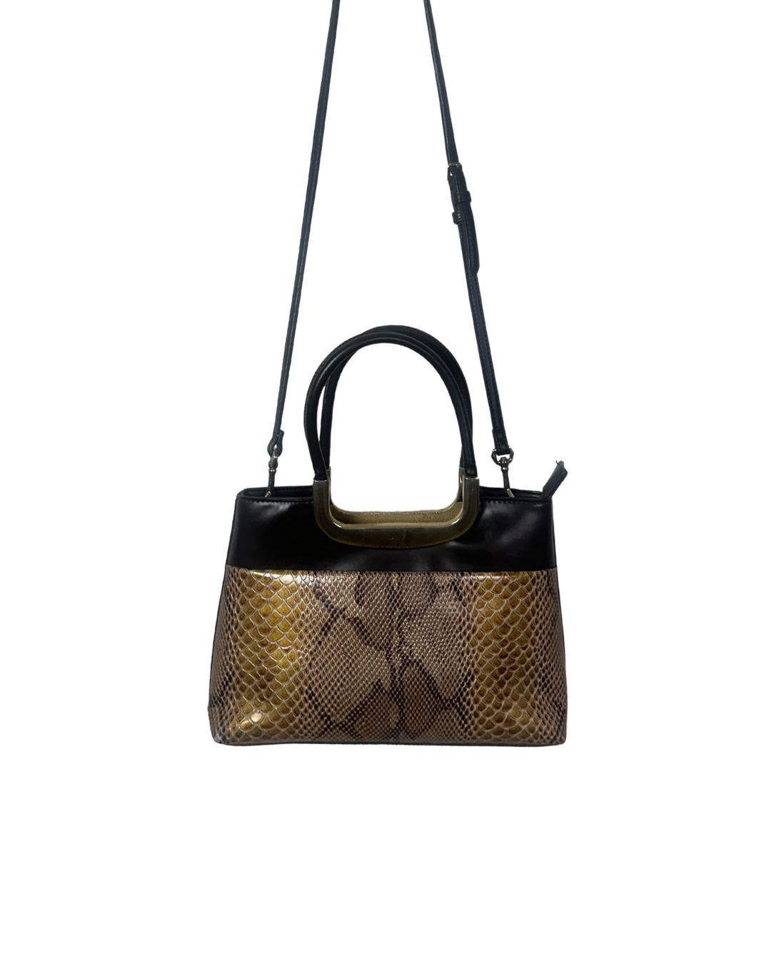 Vintage Faux Snakeskin Structured Bag with Gold Trim