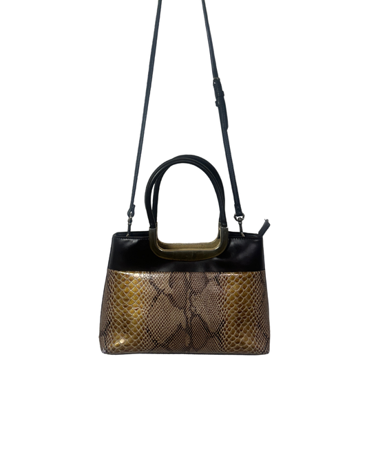 Vintage Faux Snakeskin Structured Bag with Gold Trim