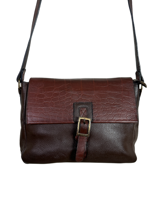 Two-Tone Brown Genuine Leather Crossbody Bag w/ Croc-Embossed Flap
