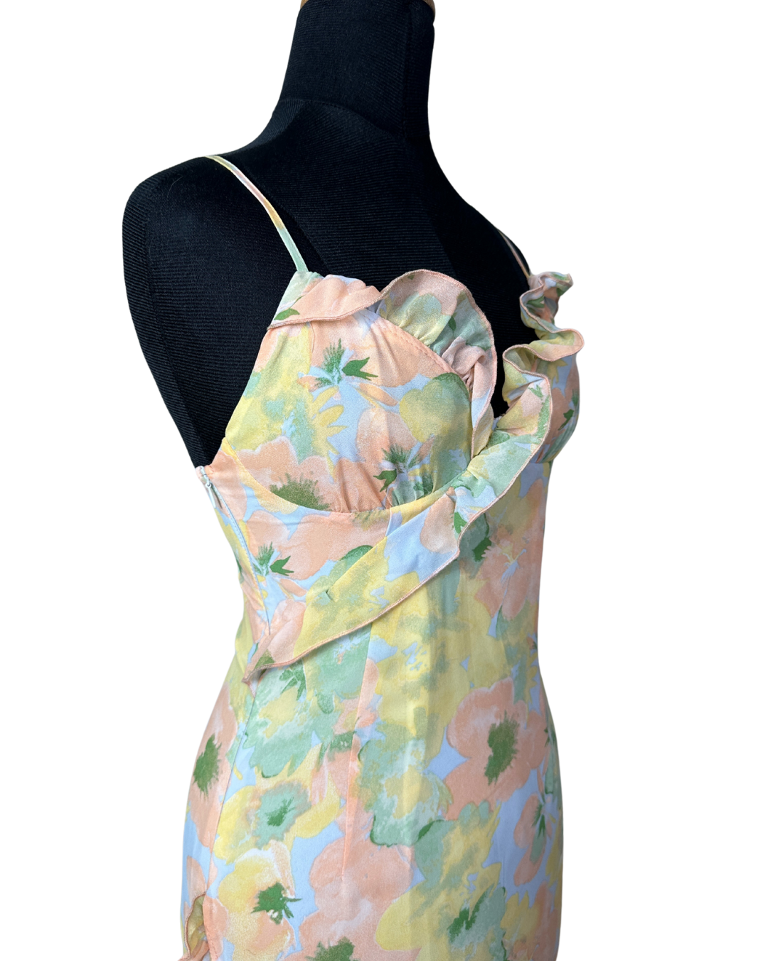 Floral Ruffle Asymmetrical Midi Dress – Pastel Slip Style