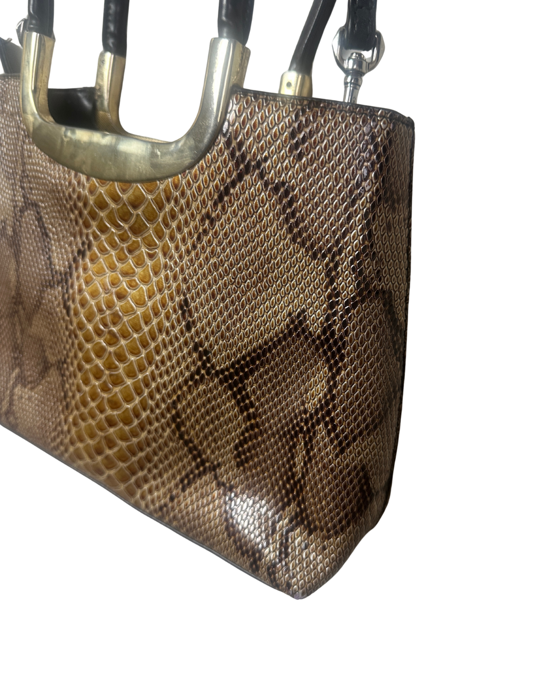 Vintage Faux Snakeskin Structured Bag with Gold Trim