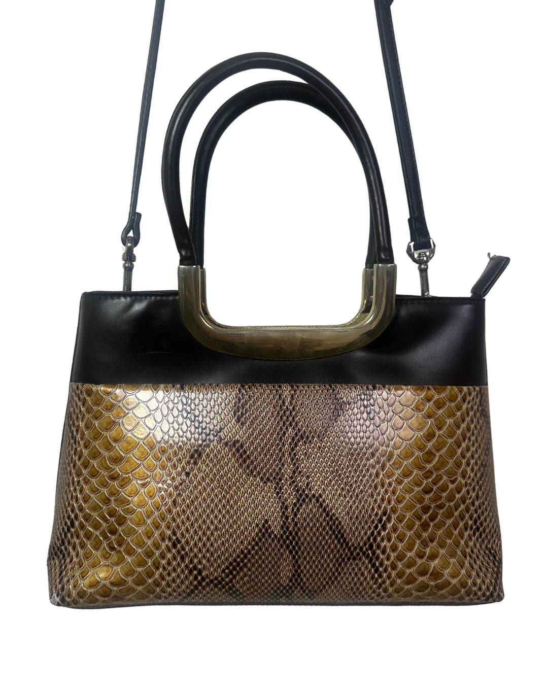 Vintage Faux Snakeskin Structured Bag with Gold Trim