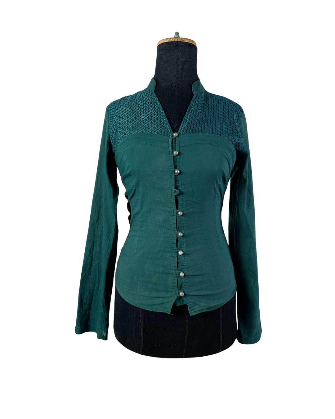 Fitted Stretch Shirt With Lace Yoke And Pearl Buttons