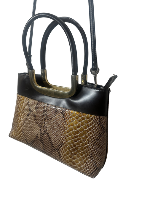 Vintage Faux Snakeskin Structured Bag with Gold Trim