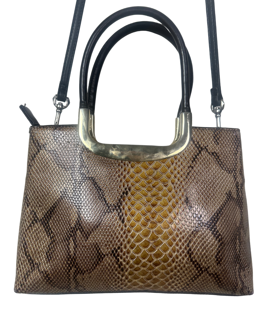 Vintage Faux Snakeskin Structured Bag with Gold Trim