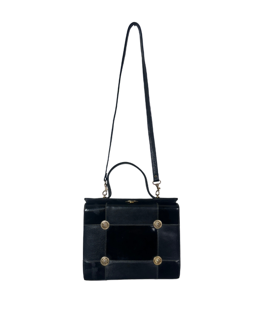 Vintage 80s Leather Structured Handbag with Gold Medallion Details
