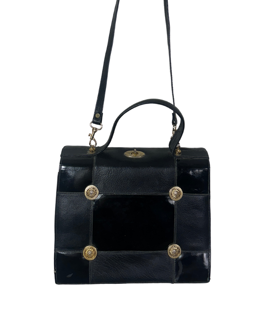 Vintage 80s Leather Structured Handbag with Gold Medallion Details