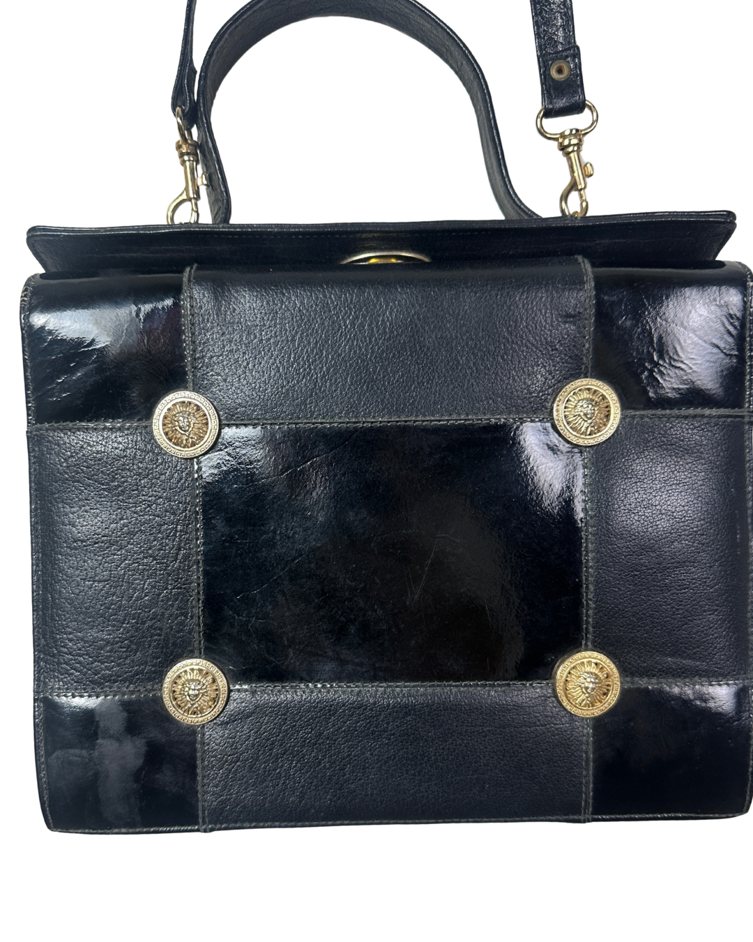 Vintage 80s Leather Structured Handbag with Gold Medallion Details