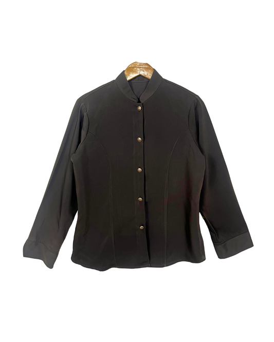 Mandarin Collar Brown Women's Shirt with Gold Crest Buttons