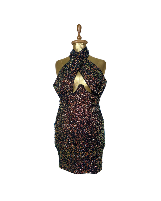 Multicolor Sequin Keyhole Front Halter Mini Dress - UK 12