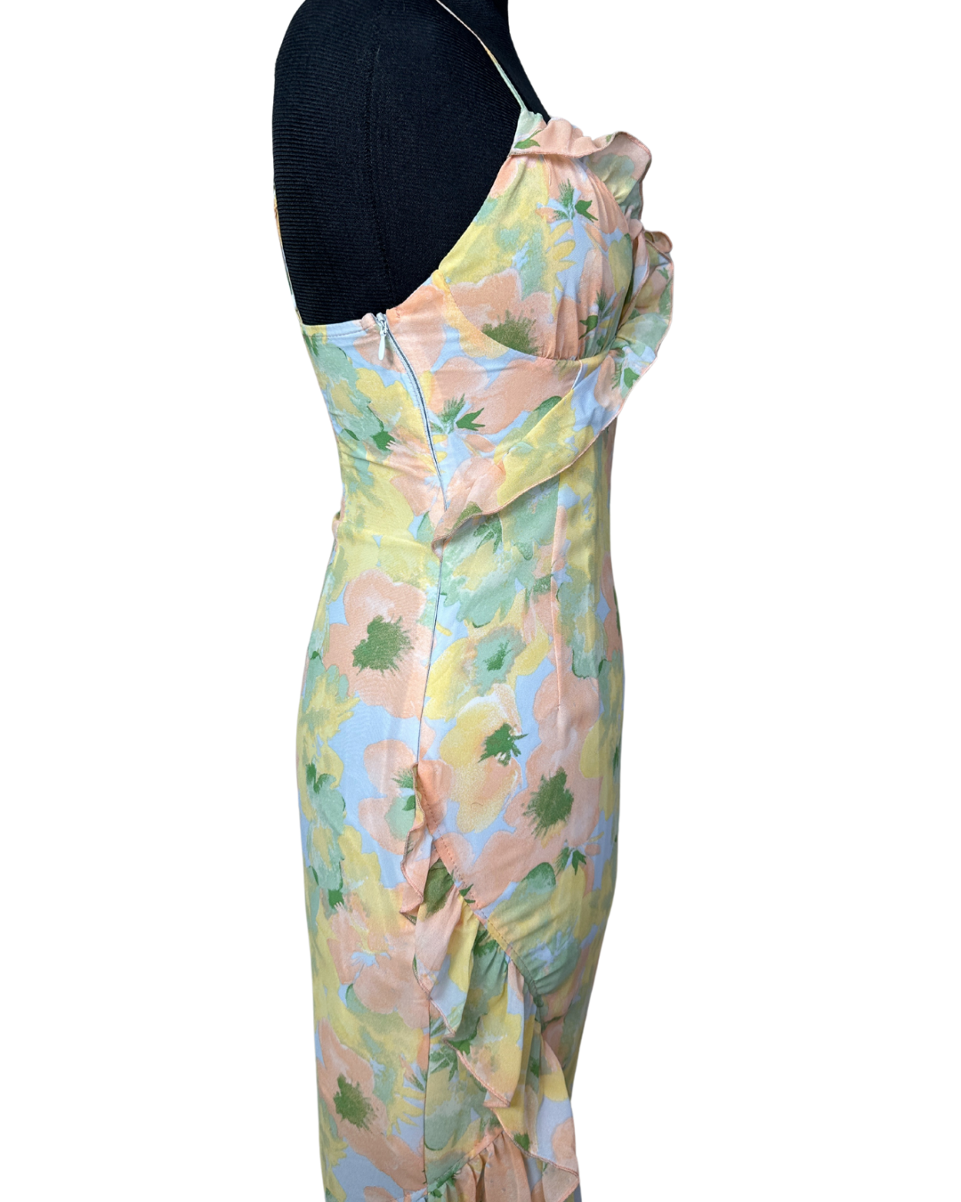 Floral Ruffle Asymmetrical Midi Dress – Pastel Slip Style