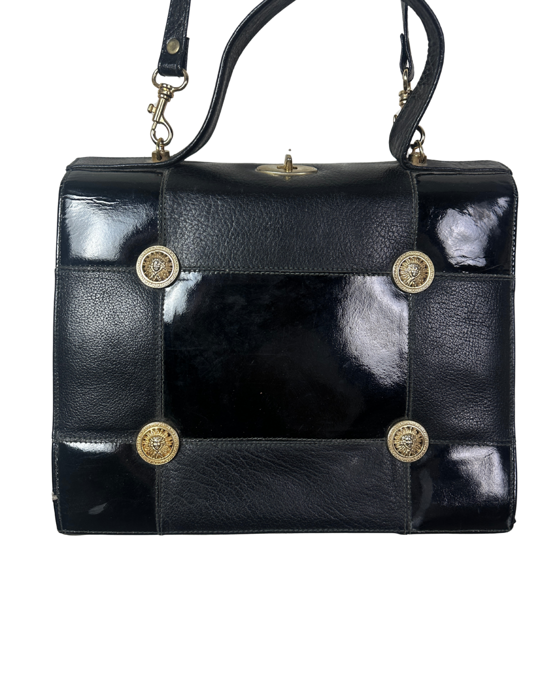 Vintage 80s Leather Structured Handbag with Gold Medallion Details