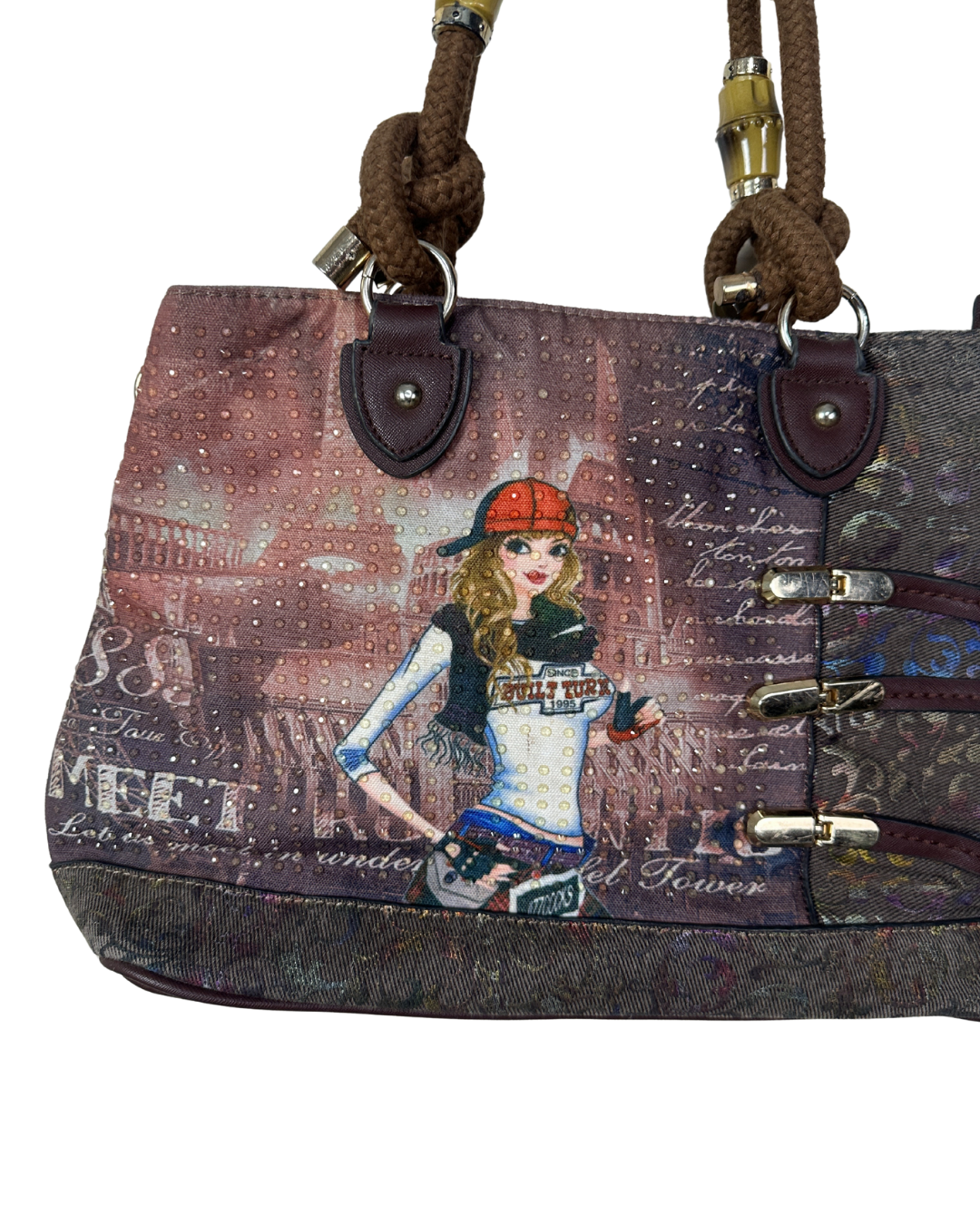 Vintage Y2K Illustrated Tote Bag with Rope Handles