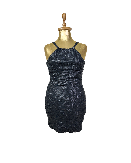 Black Sequin Swirl Bodycon Halter Neck Dress