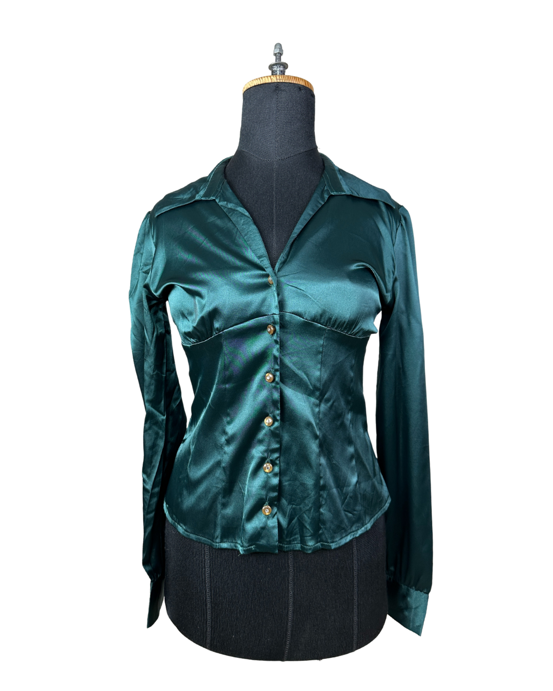Teal Satin Fitted Women's Shirt Small