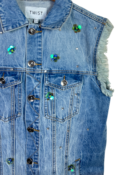 Twist Embellished Denim Vest with Raw Edges