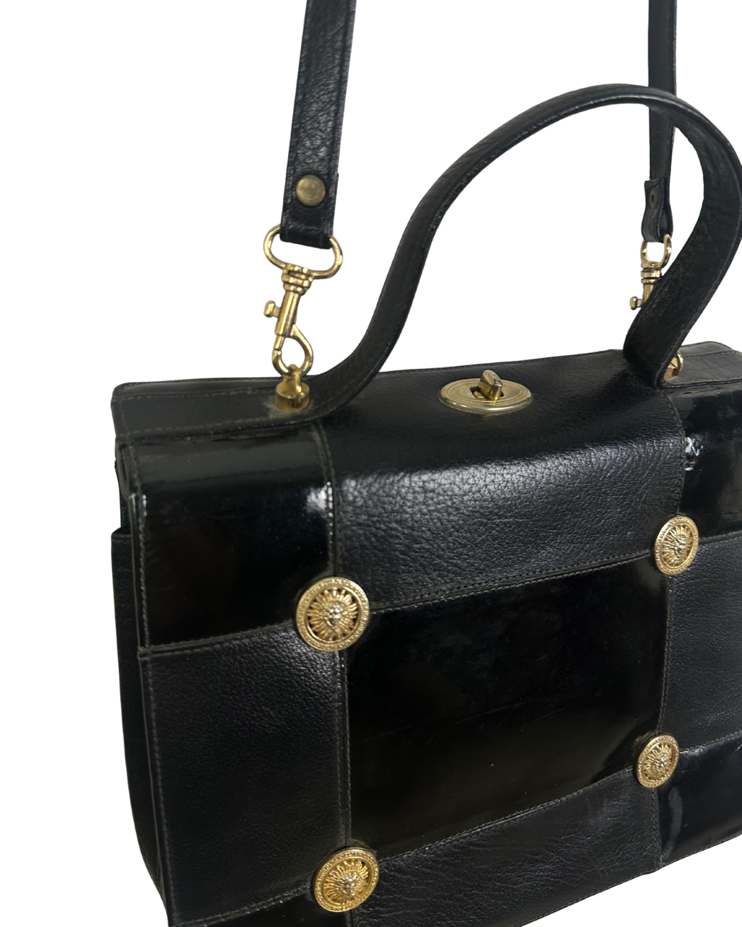 Vintage 80s Leather Structured Handbag with Gold Medallion Details