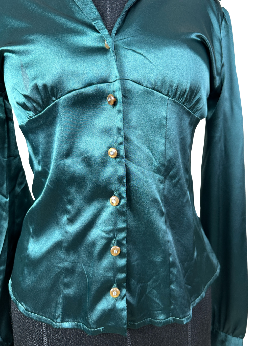 Teal Satin Fitted Women's Shirt Small