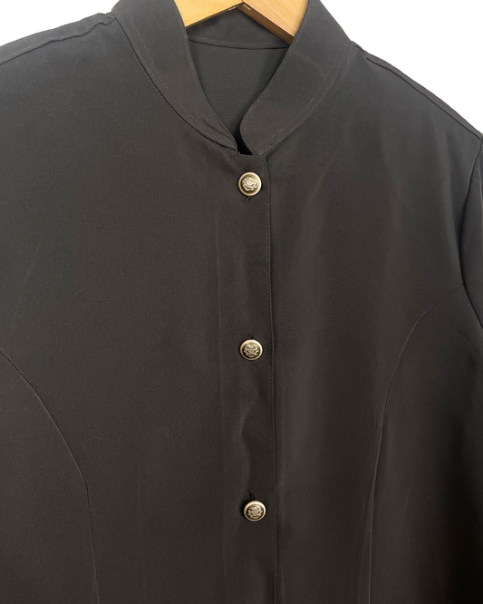 Mandarin Collar Brown Women's Shirt with Gold Crest Buttons