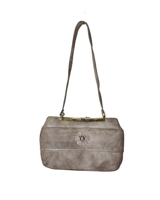Vintage Genuine Leather Shoulder Bag with Floral Accent