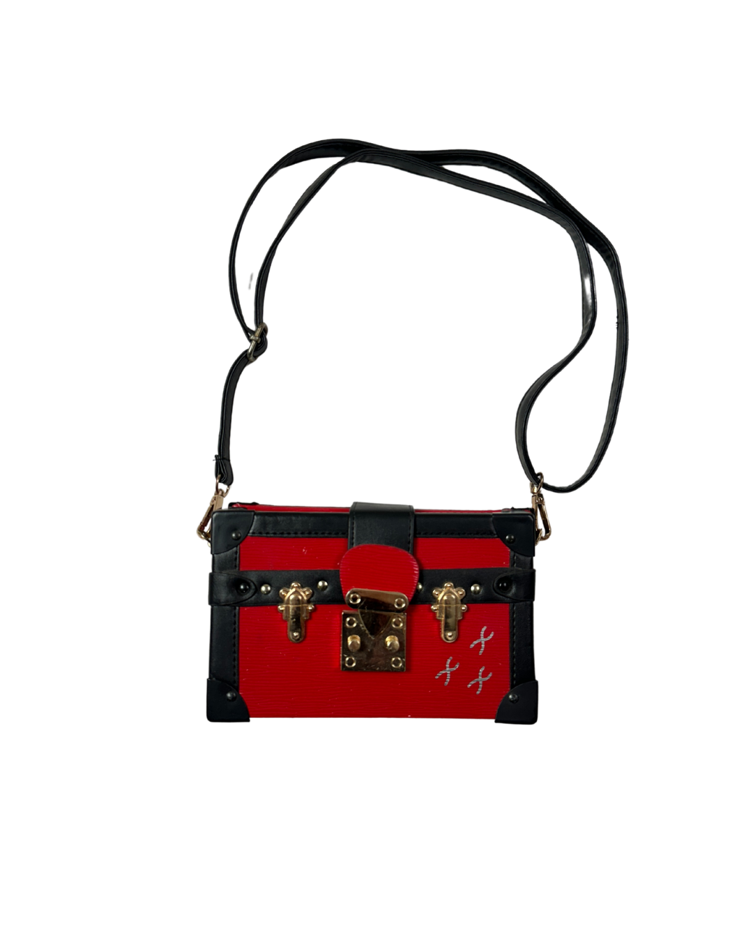 Trunk-Style Crossbody Bag – Red Faux Leather with Gold Hardware