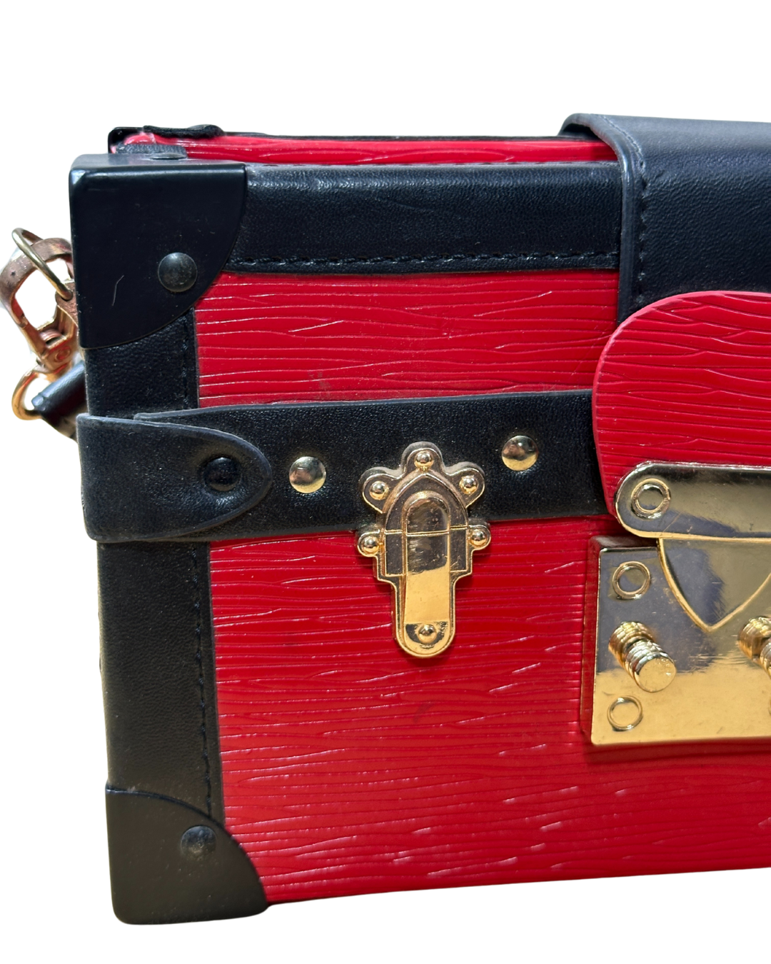 Trunk-Style Crossbody Bag – Red Faux Leather with Gold Hardware