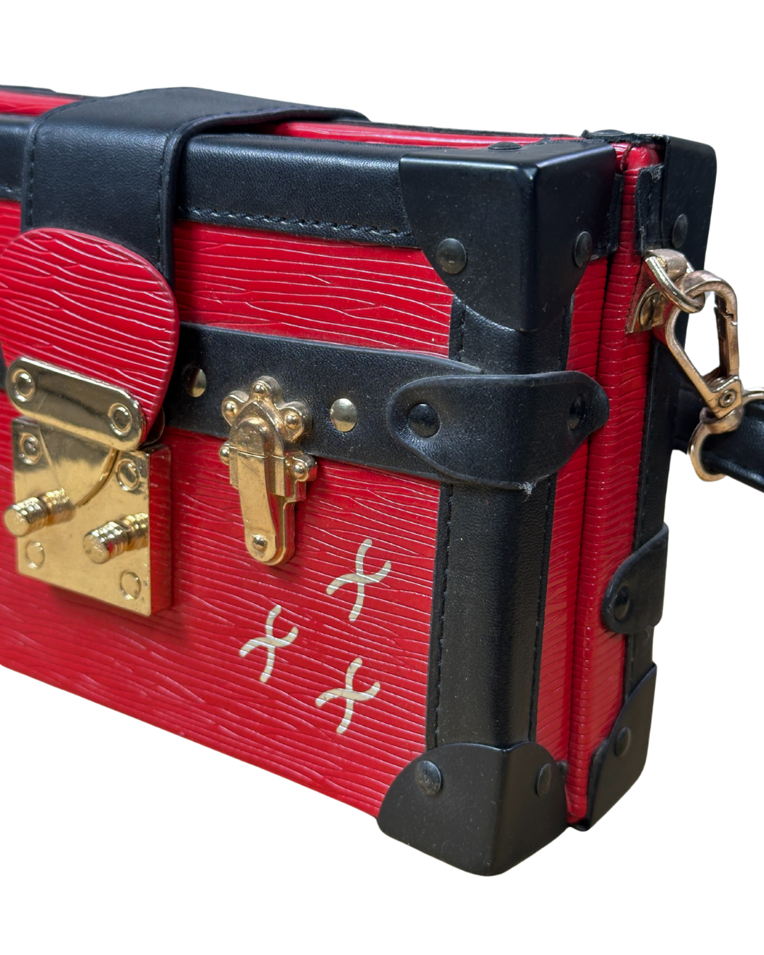 Trunk-Style Crossbody Bag – Red Faux Leather with Gold Hardware