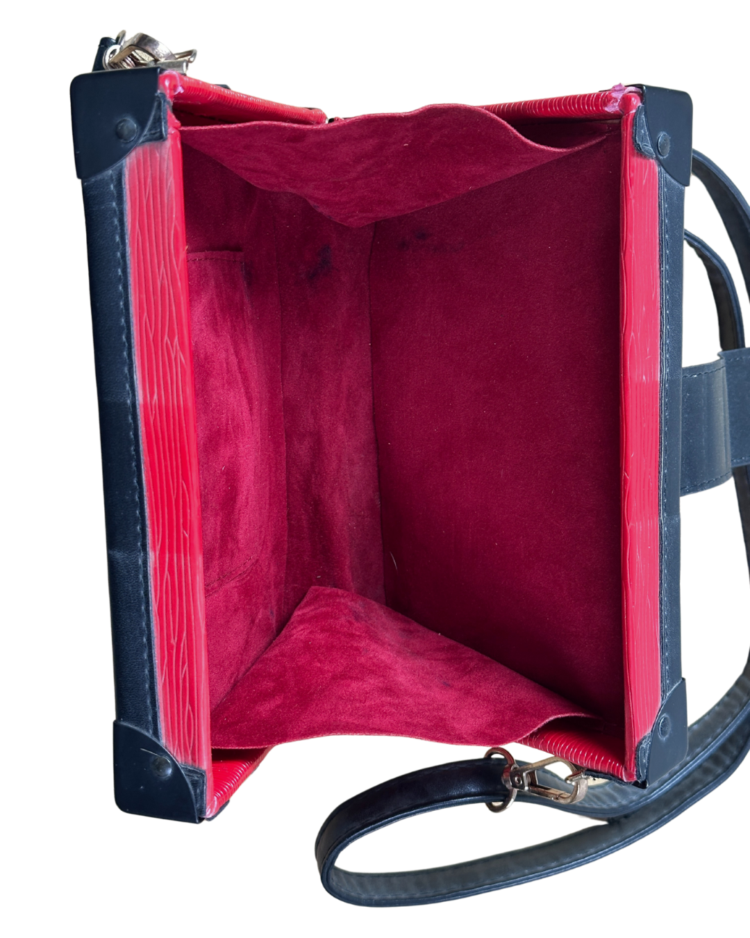 Trunk-Style Crossbody Bag – Red Faux Leather with Gold Hardware