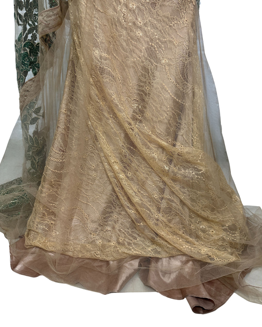 Gold Multi-Layer Lace Gown with Emerald Hand Embroidery