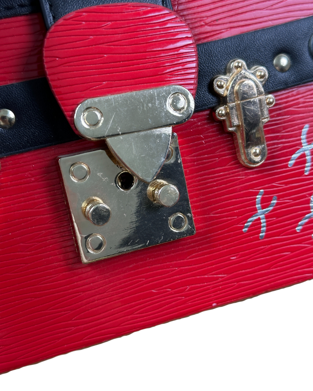 Trunk-Style Crossbody Bag – Red Faux Leather with Gold Hardware
