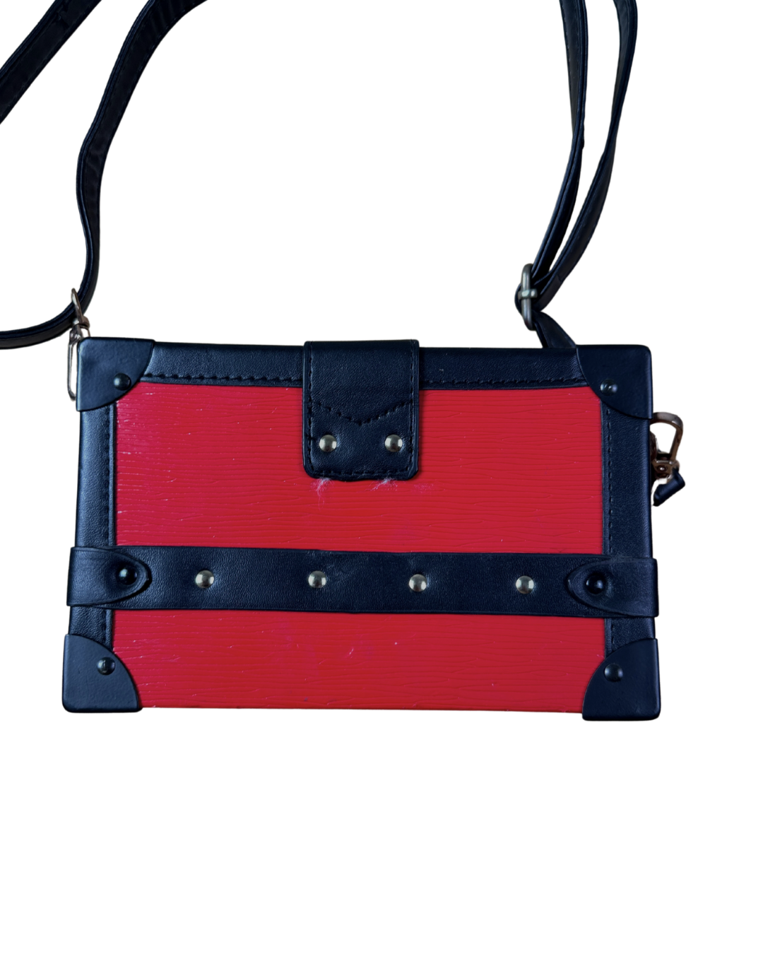 Trunk-Style Crossbody Bag – Red Faux Leather with Gold Hardware