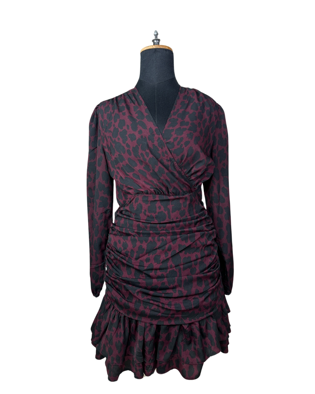 Plum Leopard Print Ruched Faux-Wrap Dress