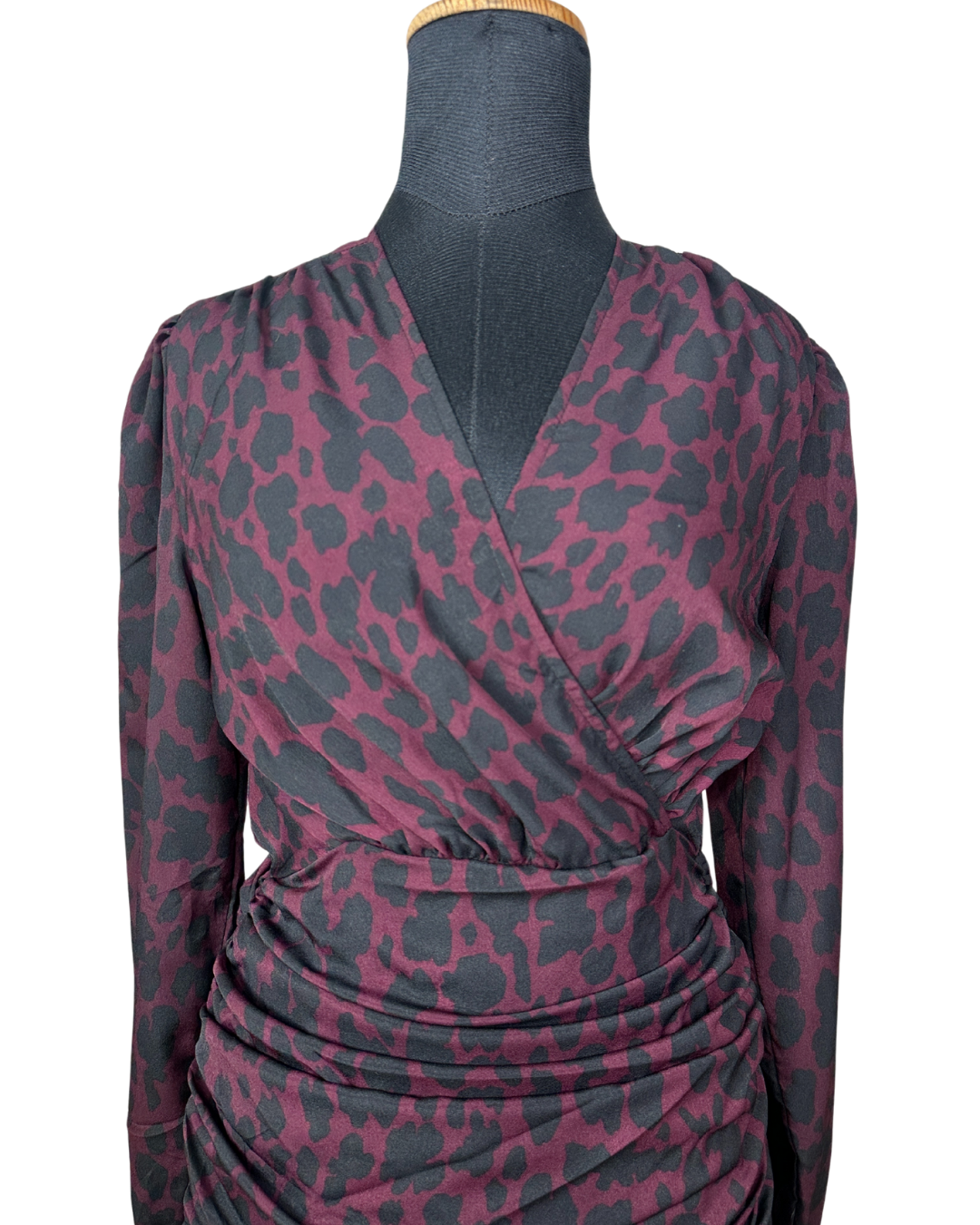 Plum Leopard Print Ruched Faux-Wrap Dress